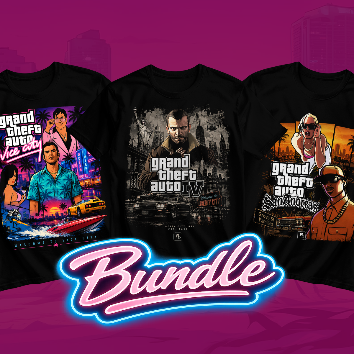 GTA Trilogy Bundle T-Shirt Pack – Vice City, San Andreas & GTA VI Exclusive Gaming Collection